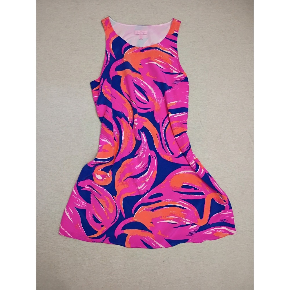 Lilly Pulitzer Med Silk Print Plume Bloom Shift Dress Pink Blue Orange 23198